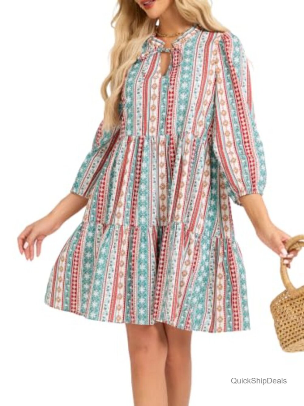 Boho Striped Mini Dress Long Sleeve Tunic Tie Neck A-Line